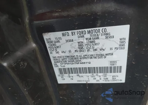 2006 Ford F-150 Lariat/Xlt from USA, damaged, VIN 1FTPW12V76FA66112